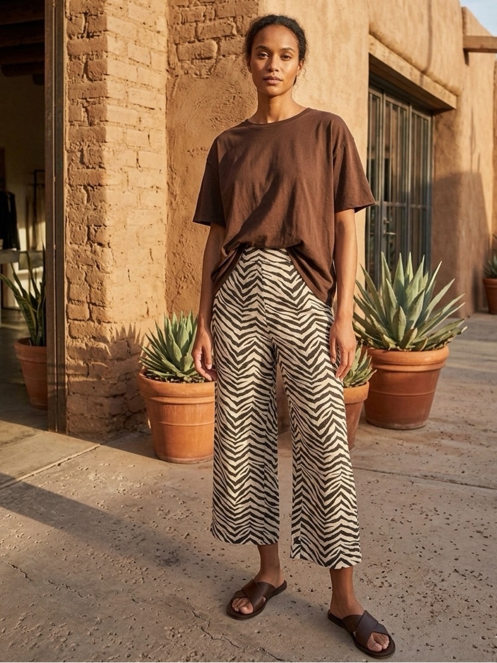 Tahari 100% Linen Zebra Print Wide Leg Pull-On Pants Size L